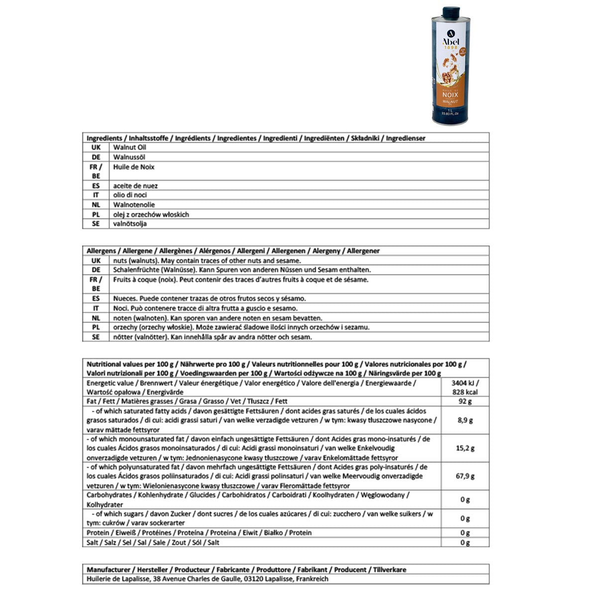 Huilerie de Lapalisse 100% Walnussöl aus Frankreich – 1L reines, aromatisches Öl