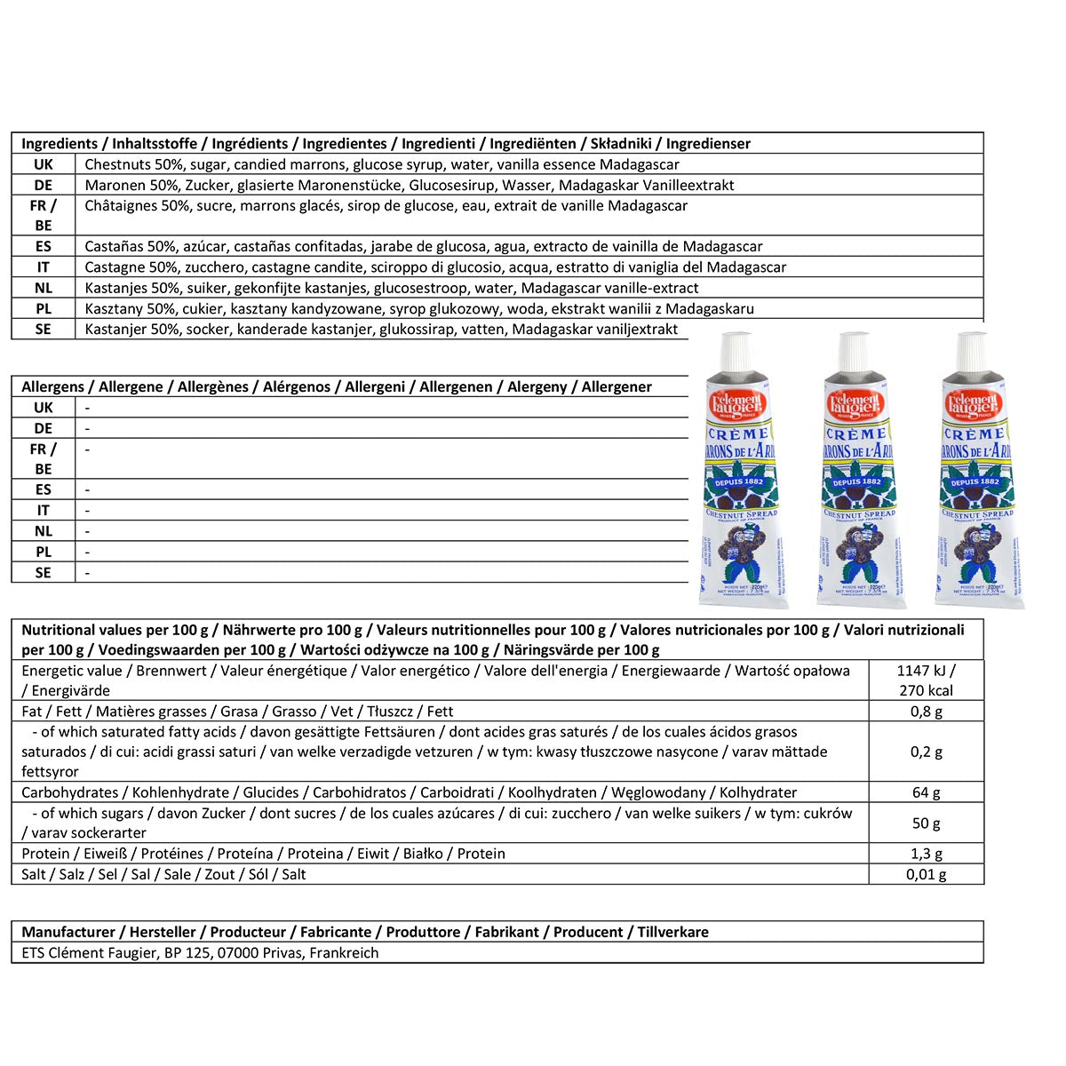 Clement Faugier Die originale Maronencreme aus der Tube 3 x 220 Gramm
