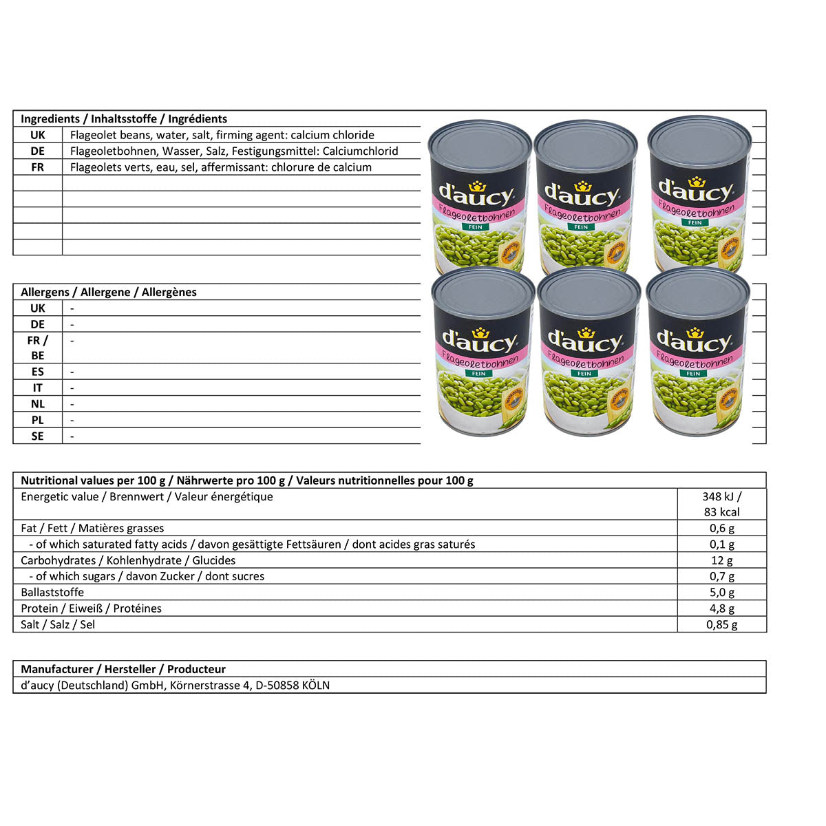 d'aucy Flageolets: Feine grüne Bohnenkerne in der 6er-Packung - Genuss aus der Dose