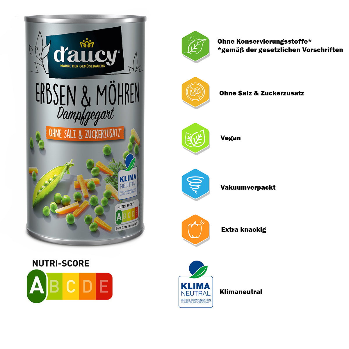 d'aucy Erbsen & Möhrchen, 3x110g Dosen, ohne Salz & Zucker, ohne Konservierungsstoffe