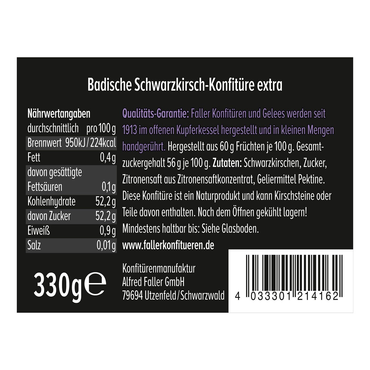 Faller Badische Schwarzkirsch-Konfitüre Extra · 60 % Frucht · 330 g
