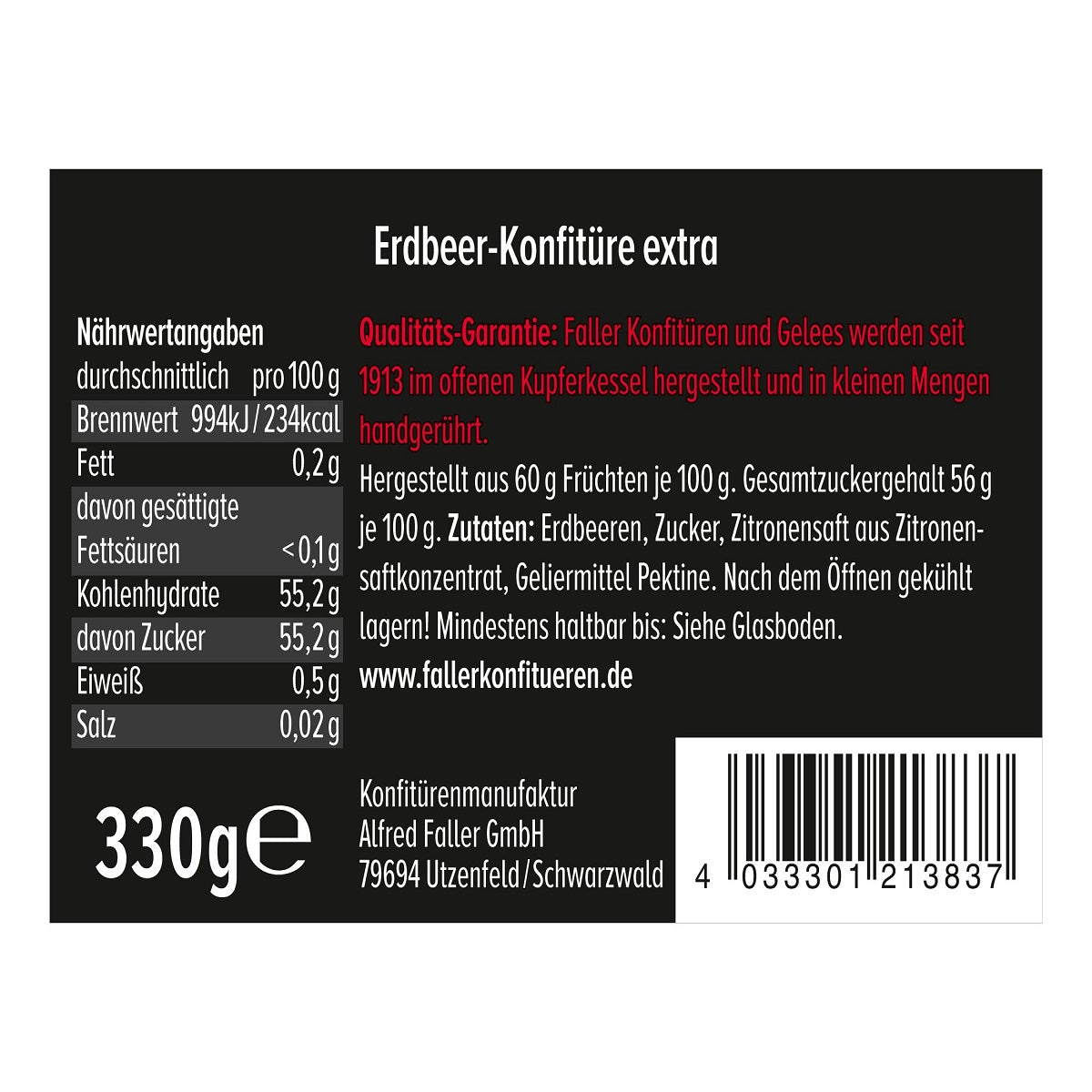 Faller Erdbeer-Konfitüre Extra aus dem Schwarzwald · 60 % Frucht · 330 g