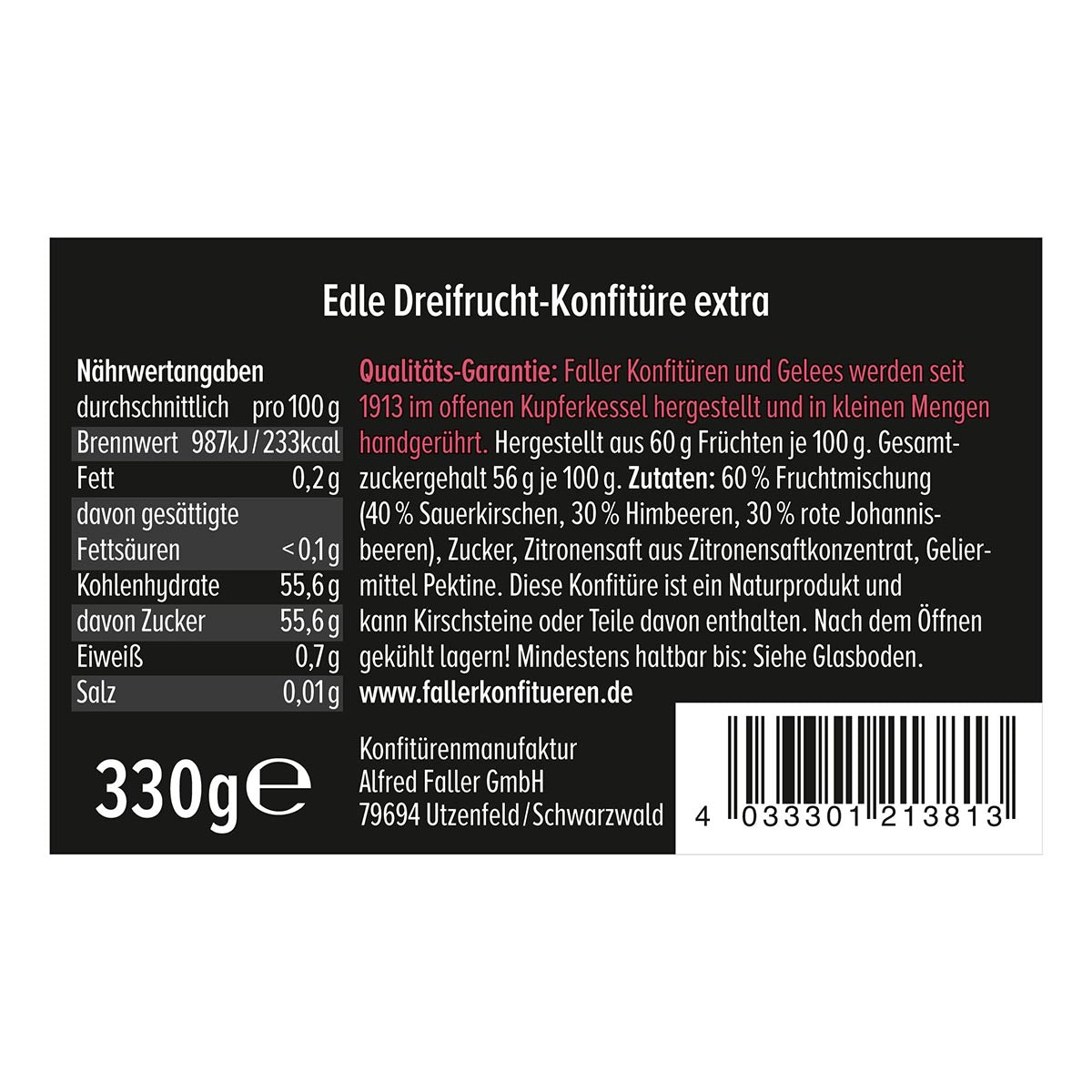 Faller Edle Dreifrucht-Konfitüre extra: Hausgemachter Genuss, 60% Frucht, 330g