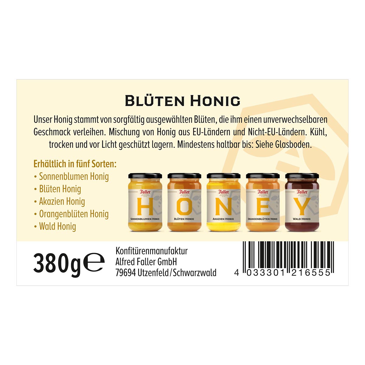 Faller Honig von der Schwarzwälder Genussmanufaktur , Blütenhonig 380 Gramm