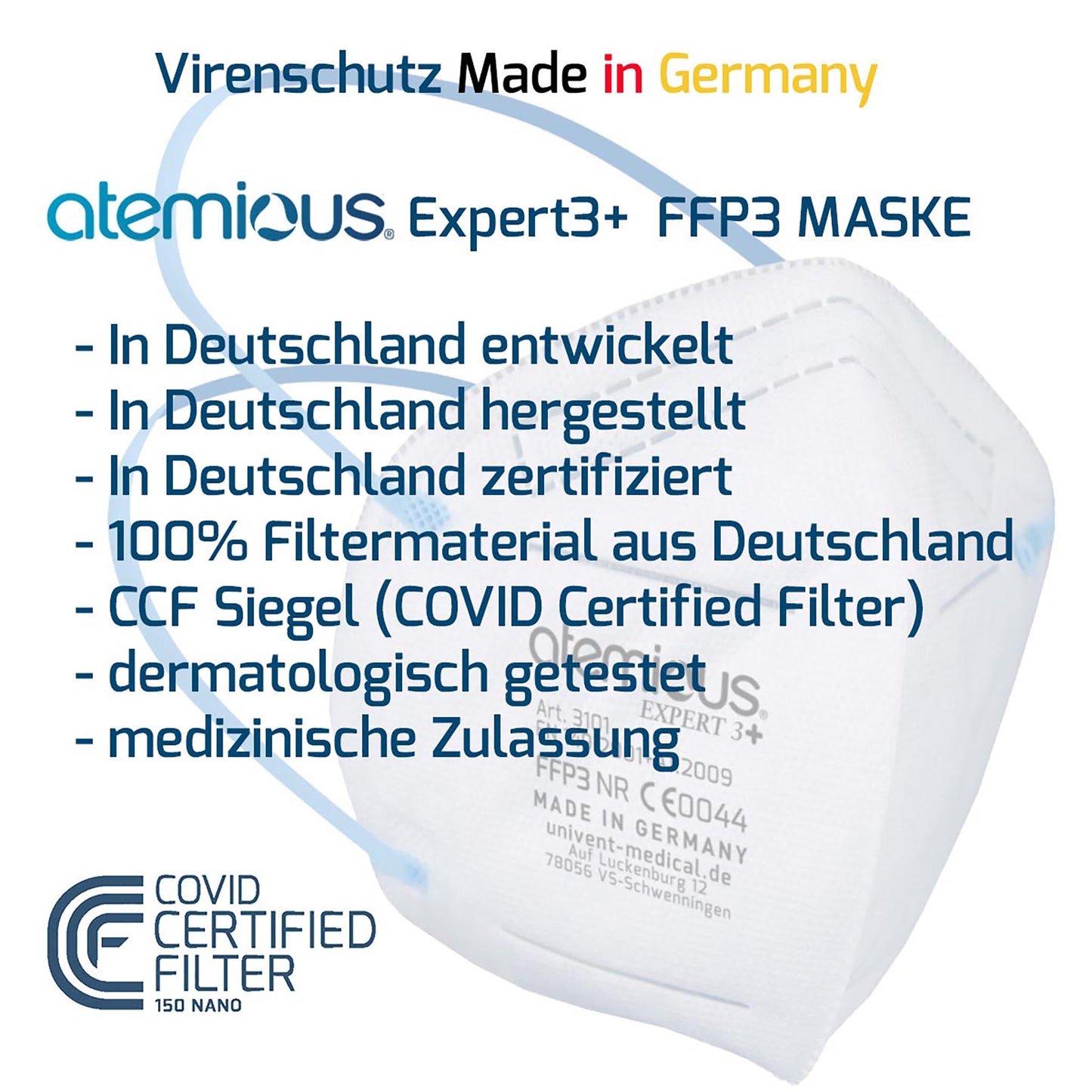 Infografik zur Atemious Expert 3+ FFP3 Maske – Virenschutz „Made in Germany“ mit Merkmalen wie medizinischer Zulassung, dermatologischer Testung und 100 % deutschem Filtermaterial.