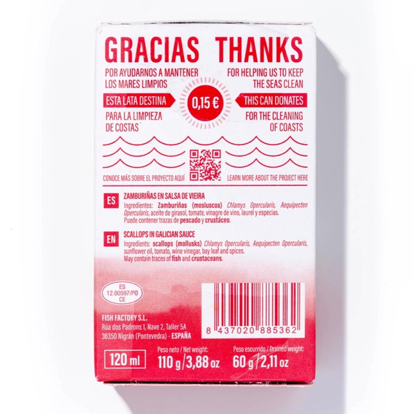 Rückseite der LULIÑA Muscheldose – Zutatenliste, Herkunft Spanien und Spendenaktion für saubere Küsten