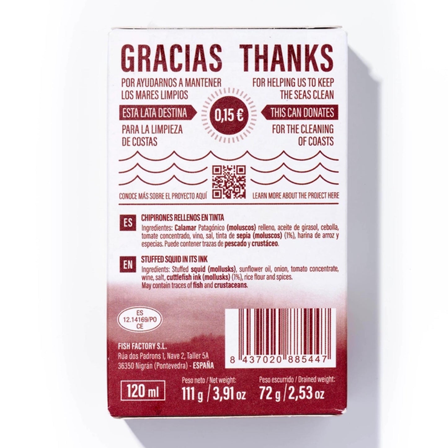 Rückseite der LULIÑA Tintenfischdose – Zutatenliste, Herkunft Spanien und Spendenaktion für saubere Küsten