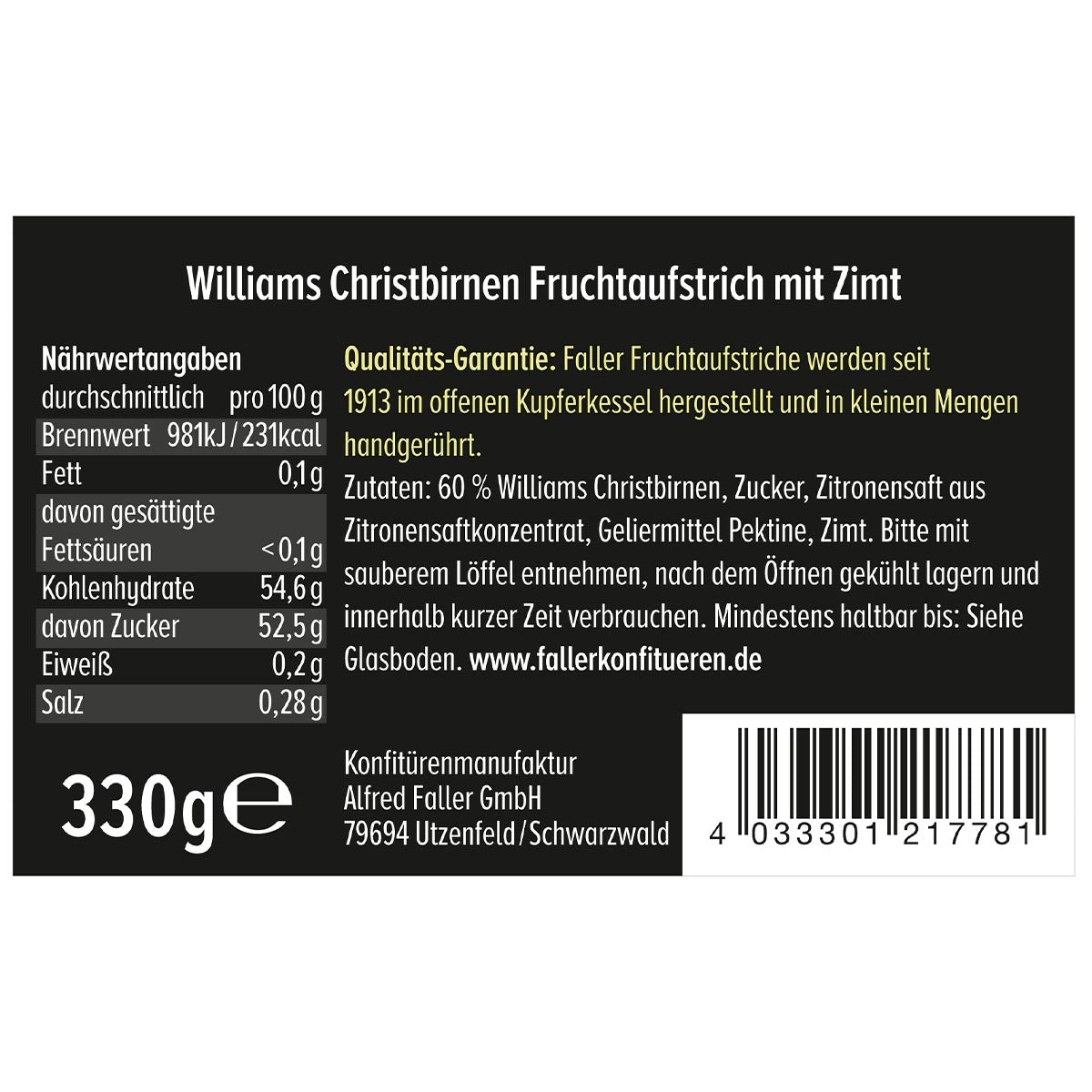 Faller Williams-Christbirne mit Zimt: Schwarzwälder Fruchtaufstrich, 60% Frucht, 330g