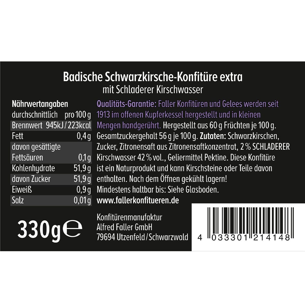 Genieße die Frische: Schwarzkirsch Konfitüre mit Kirschwasser, 330g - 60% Frucht