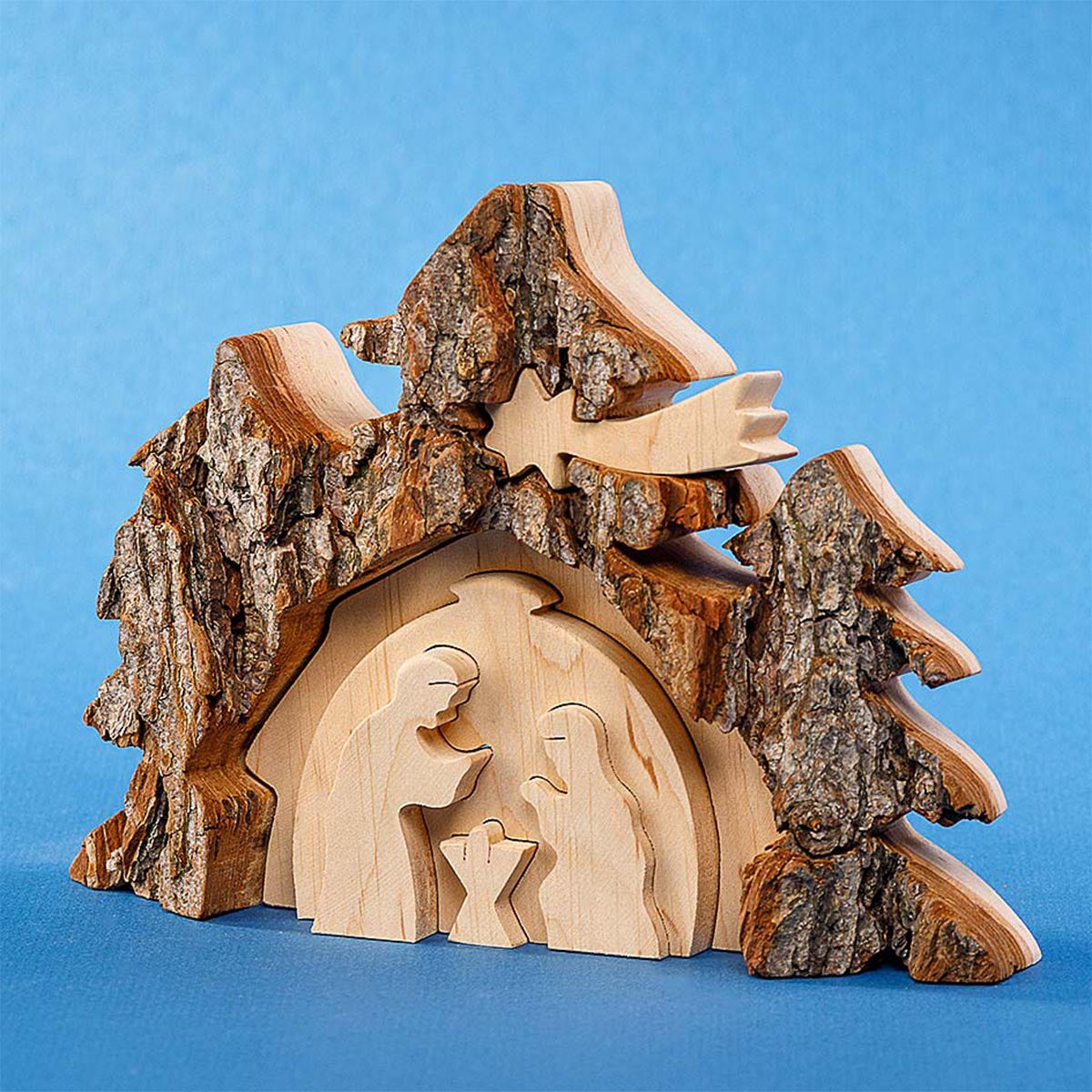 PFAFF 3D Weihnachtskrippe: Handgefertigte Holzdeko mit Rindenakzent, 3D-Optik, 18x14cm