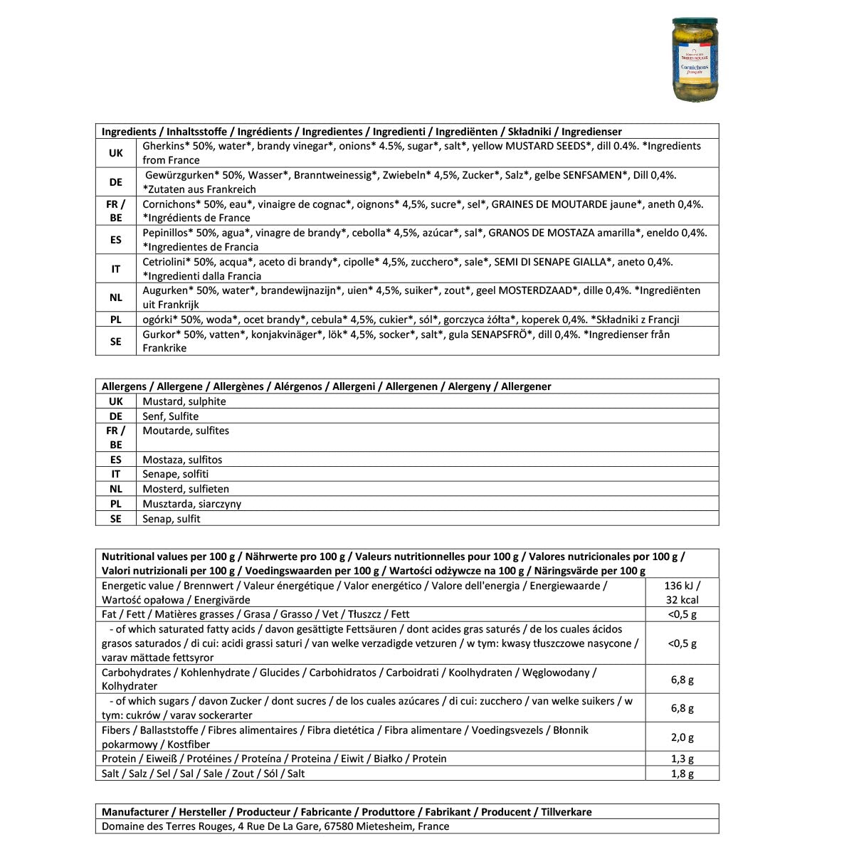 Domaine des Terres Rouges Cornichons Gurken aus dem Elsass