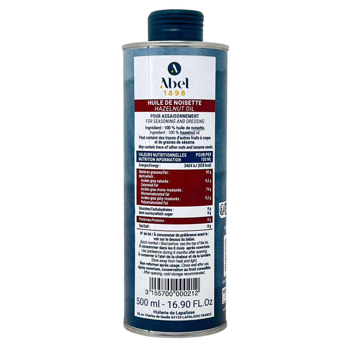 Haselnussöl 100% - 0,5 Liter reines Nussaroma, Huilerie de Lapalisse aus Frankreich