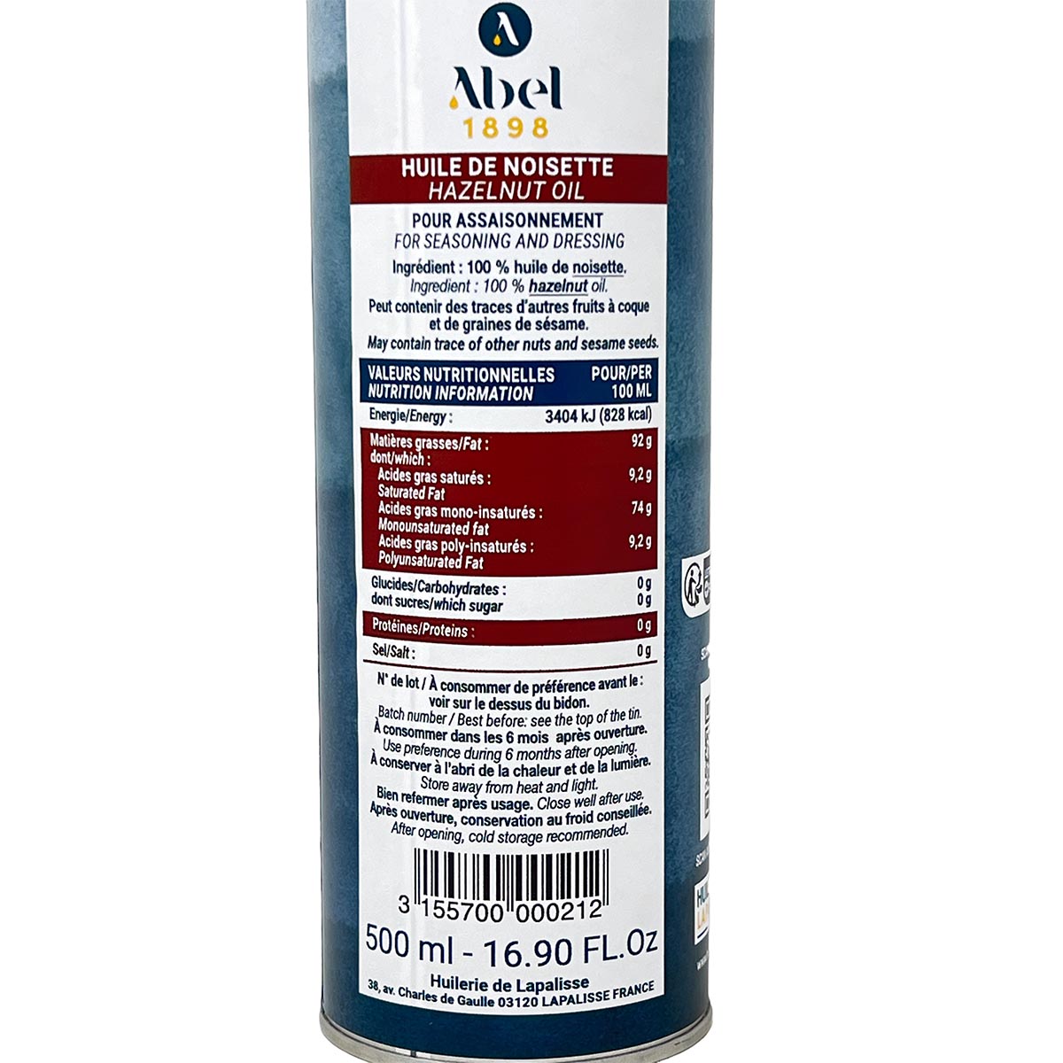 Haselnussöl 100% - 0,5 Liter reines Nussaroma, Huilerie de Lapalisse aus Frankreich