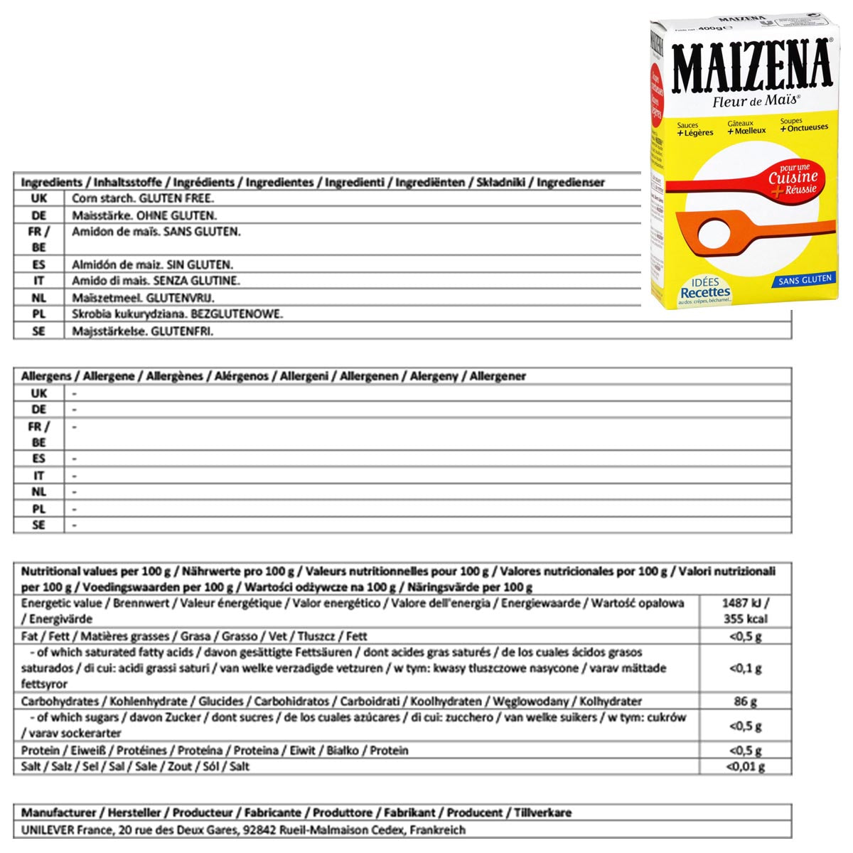 MAIZENA Fleur de Mais Glutenfrei, 400g - Reine Maisstärke zum Binden und Backen