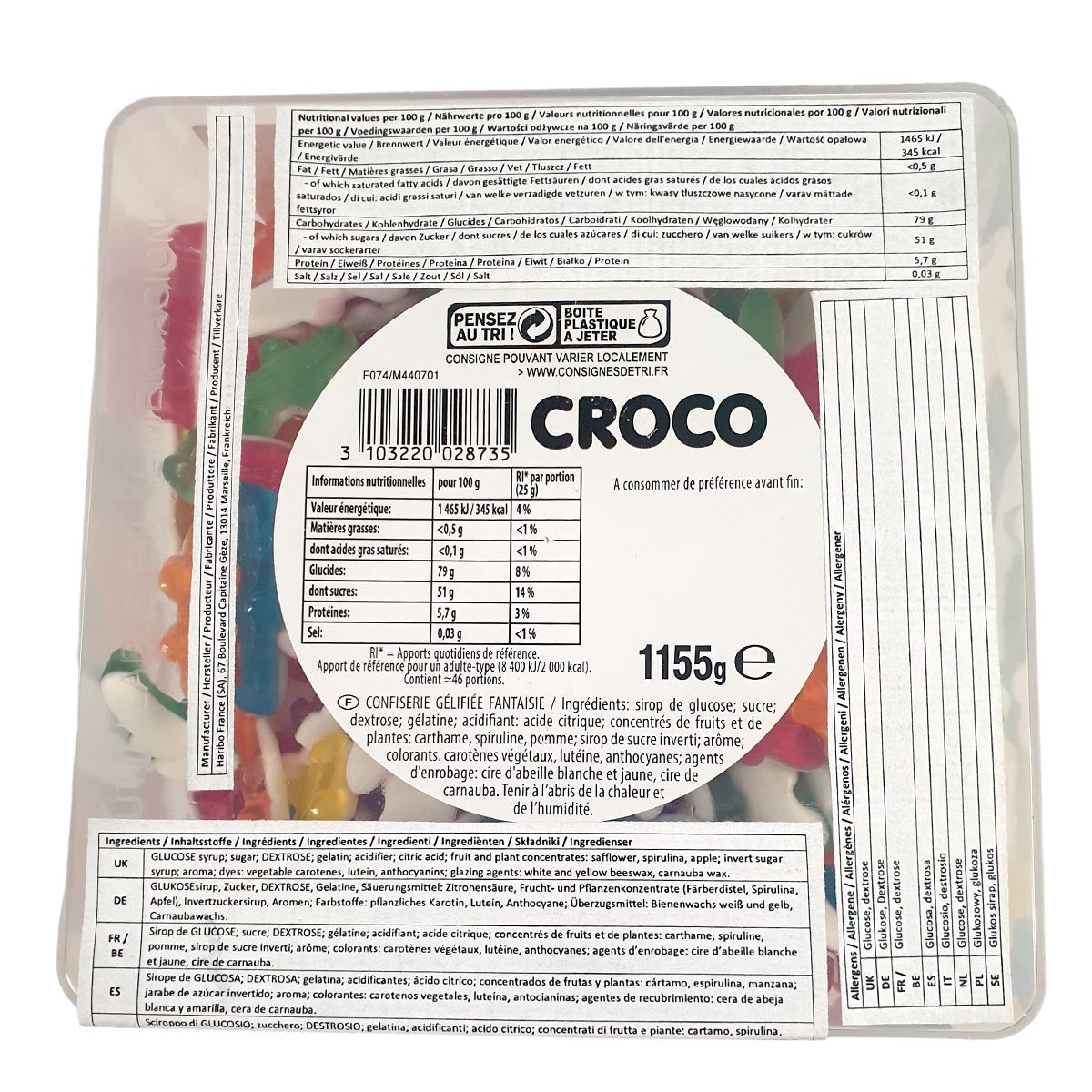 Haribo Croco Krokodile: Bunte Gummibonbons, 1155 g Dose aus Frankreich