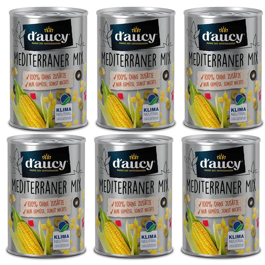 Vorratspack mit sechs 285g-Dosen d'aucy Mediterraner Mix – Grillgemüse ohne Zusätze, klimaneutral zertifiziert, mit Illustration von Mais und Oliven.