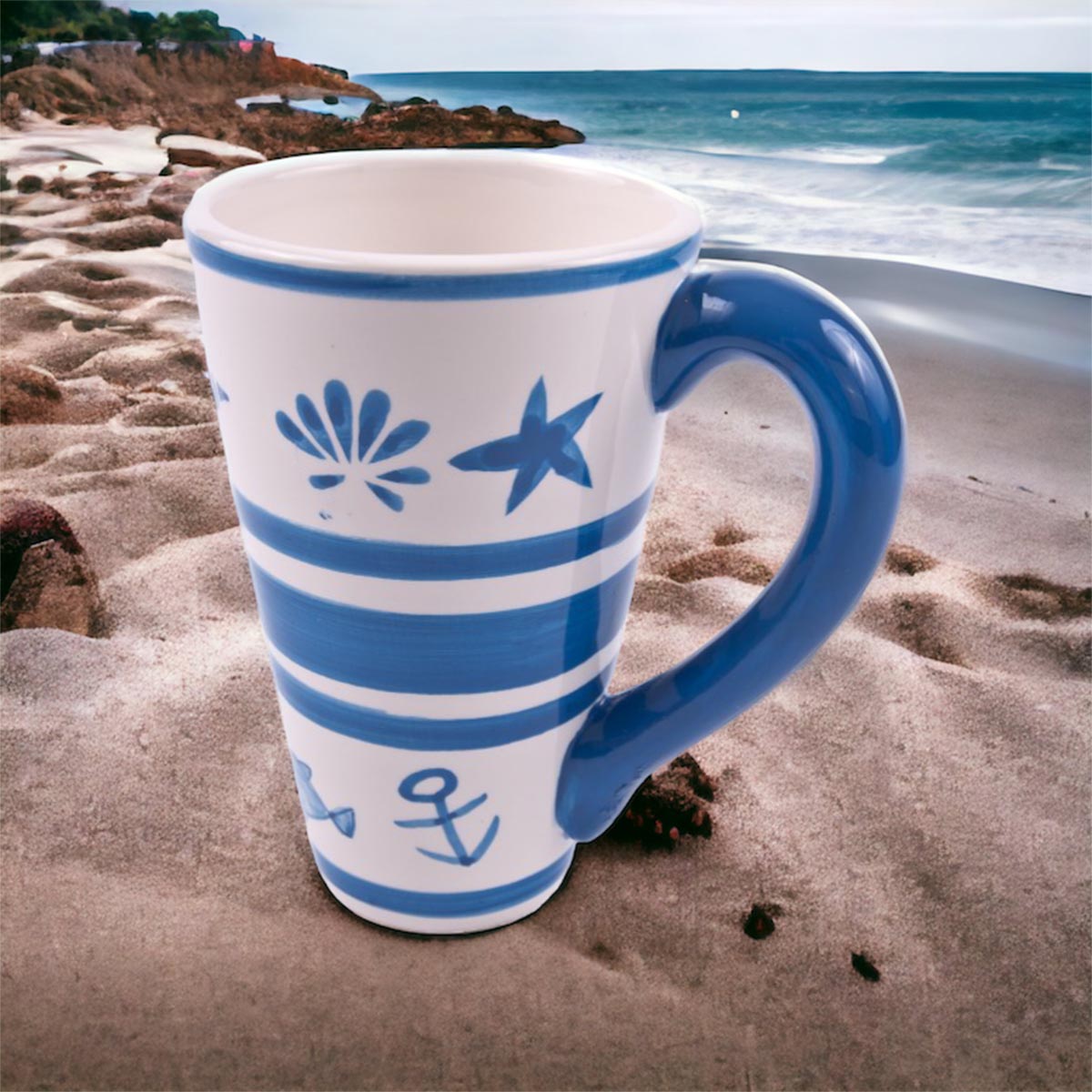 Trinkbecher Sea, blau-weiße Keramik im 3er Set