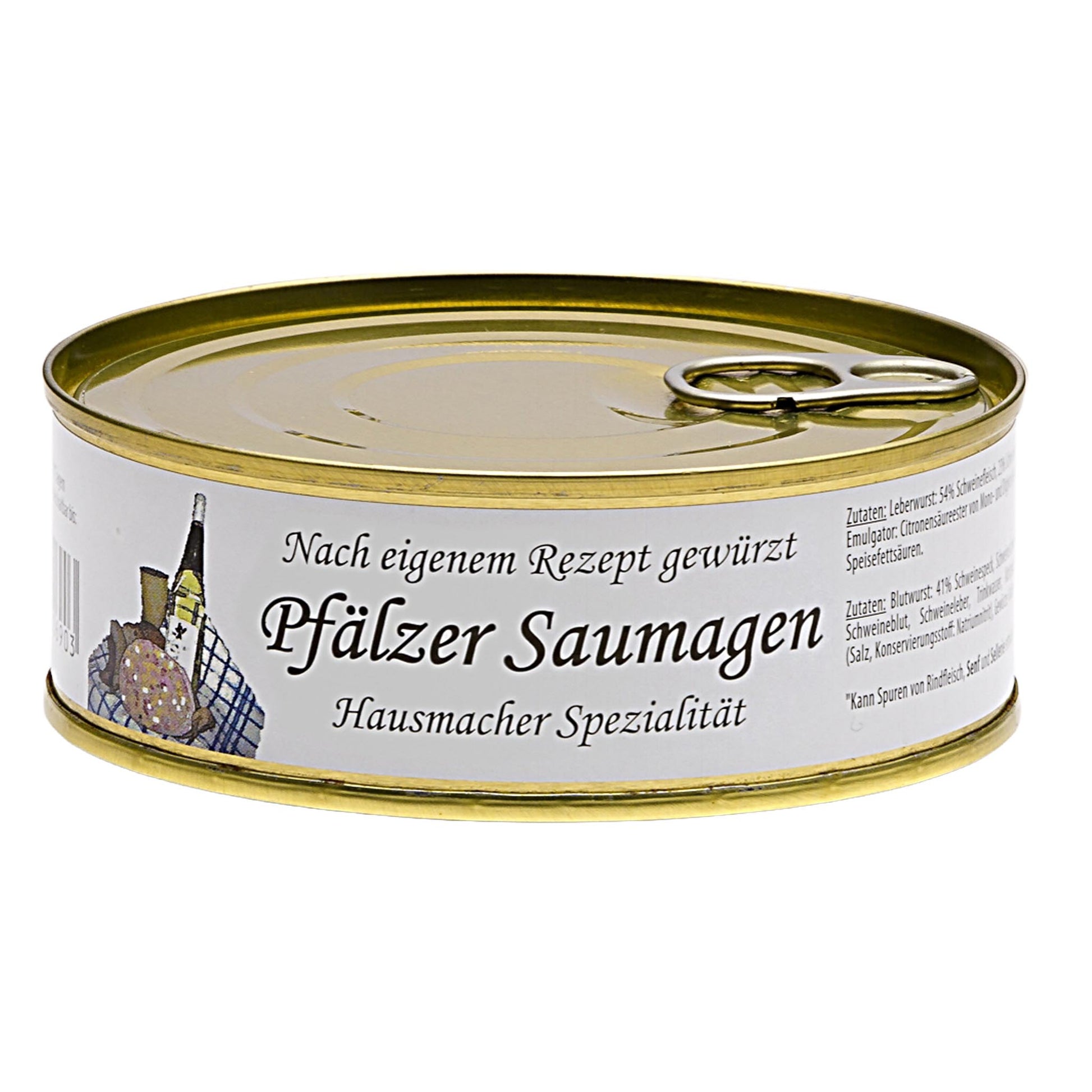 Dose Pfälzer Saumagen nach Hausmacher Art – Traditionelle Spezialität aus der Pfalz, nach eigenem Rezept gewürzt, in der praktischen Konservendose mit Ring-Pull-Verschluss.