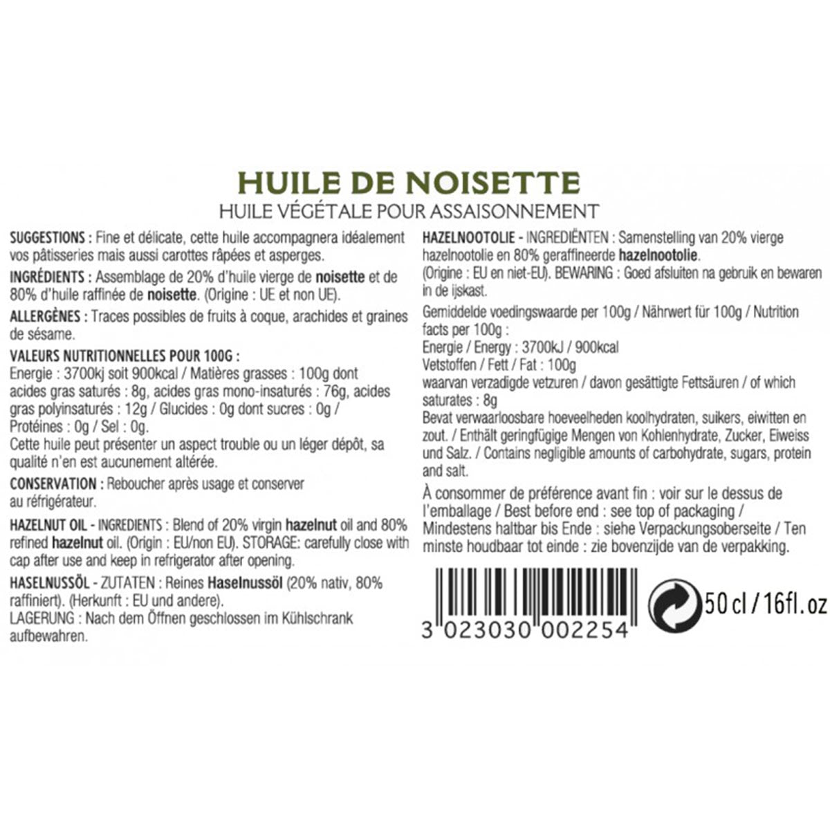 GUÉNARD Haselnussöl 500ml - Hochwertige Mischung aus raffiniertem und nativem Öl