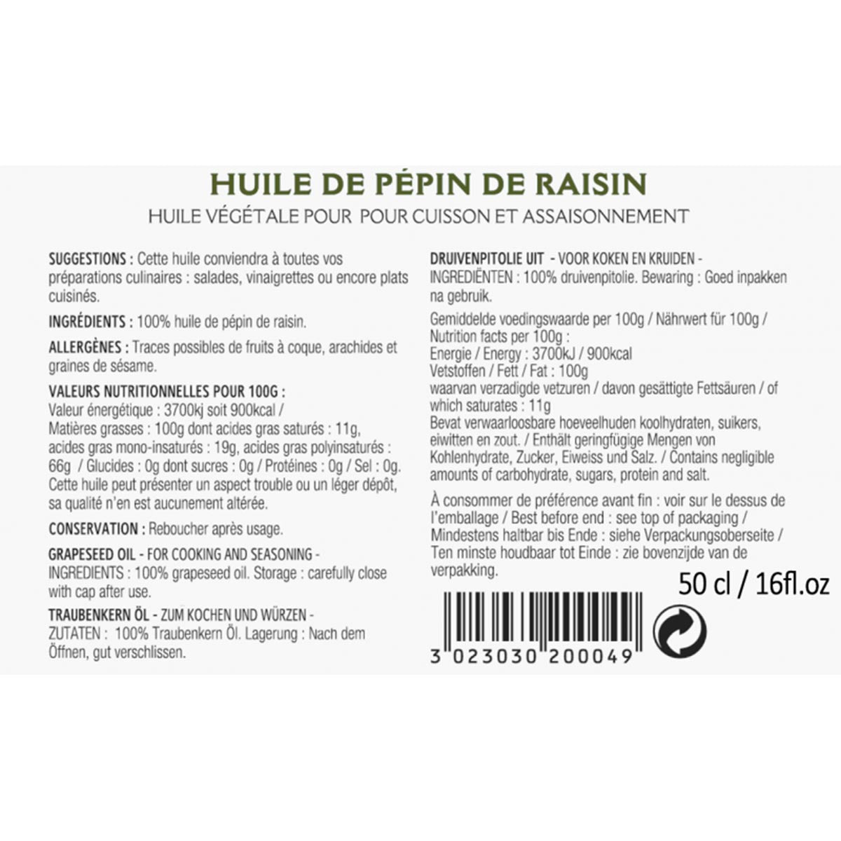 GUÉNARD Traubenkernöl 500ml - Vielseitiges Öl für Küche und Hautpflege