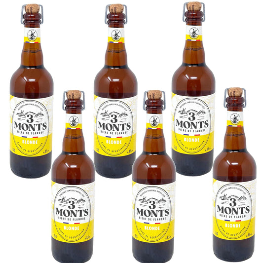 Sechs 0,75-Liter-Flaschen 3 Monts Bière de Flandre Blonde – französisches Starkbier im Vorratspack (6 x 750 ml) mit 8,5 % Vol. Alkohol und traditionellem Sektkorken-Verschluss.