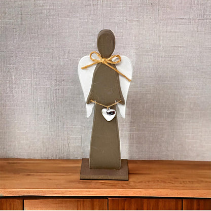 Deko Engel aus Holz grau mit Herzanhänger, 35 cm, Used Look