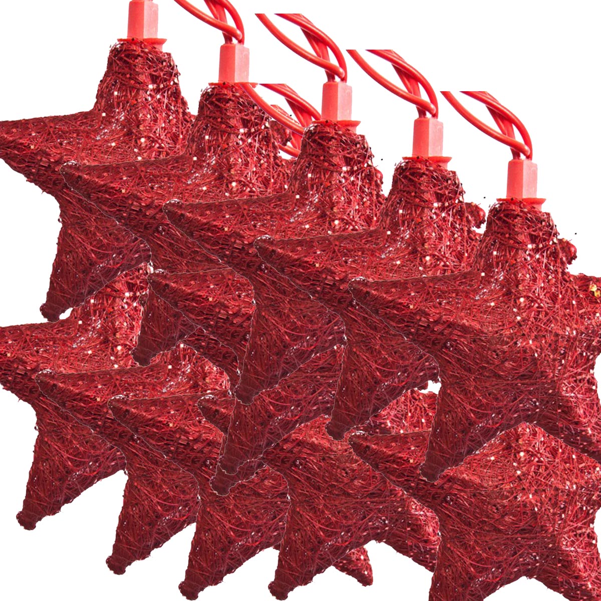FeineHeimat Sisal Sternen Lichterkette 10 teilig rot mit Glitzer
