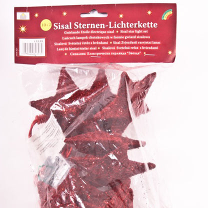 FeineHeimat Sisal Sternen Lichterkette 10 teilig rot mit Glitzer