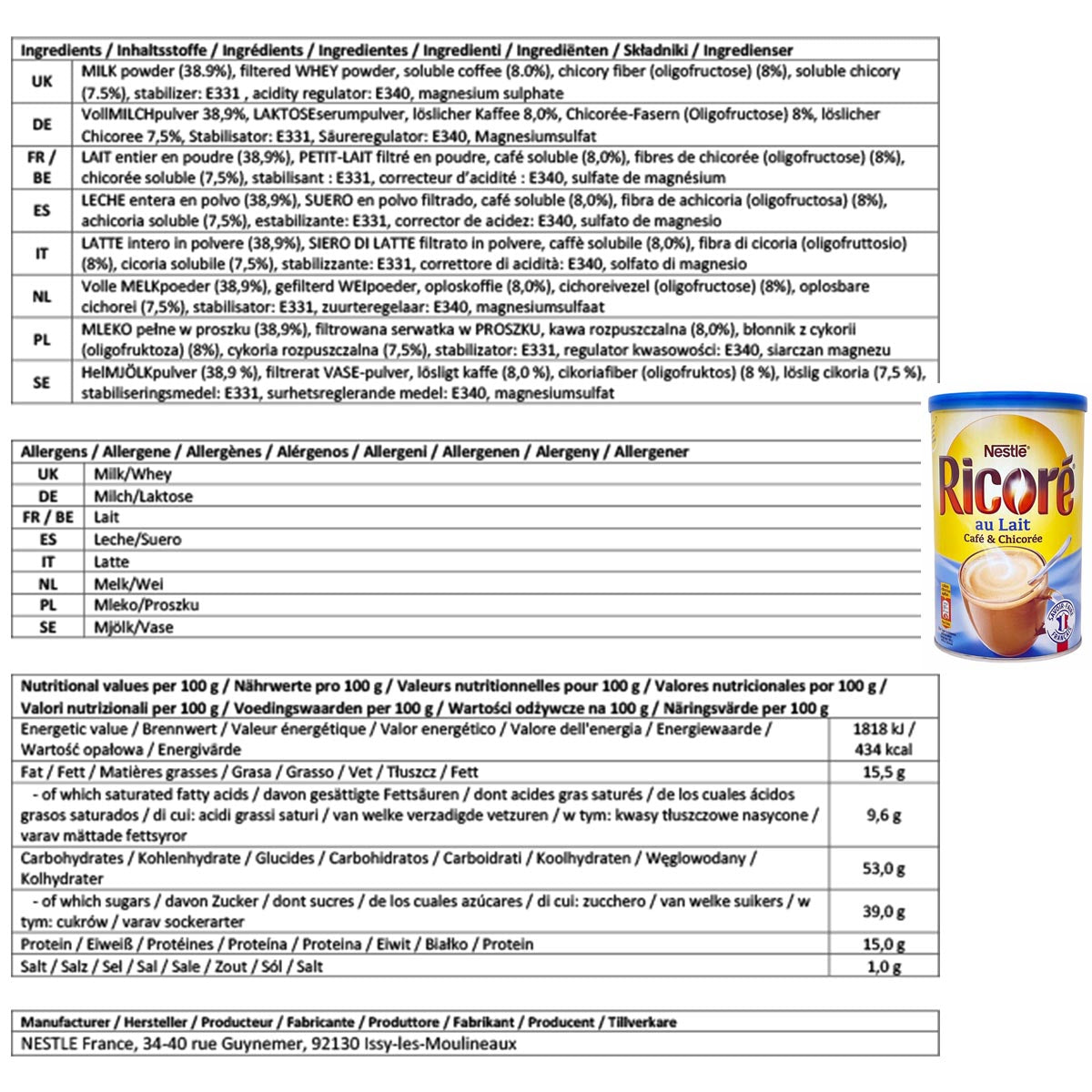 Nestlé Ricoré au Lait Bonjour 400g – Instant Kaffee mit Milch & Zichorienextrakt