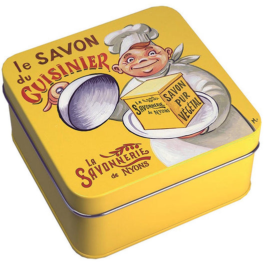 La Savonnerie de Nyons Savon du Cuisinier Küchen­seife in gelber Metalldose, dekorative Dose mit Kochmotiv, pflanzliche Naturseife zur Handreinigung, entfernt Küchen­gerüche wie Knoblauch und Zwiebeln, Made in France