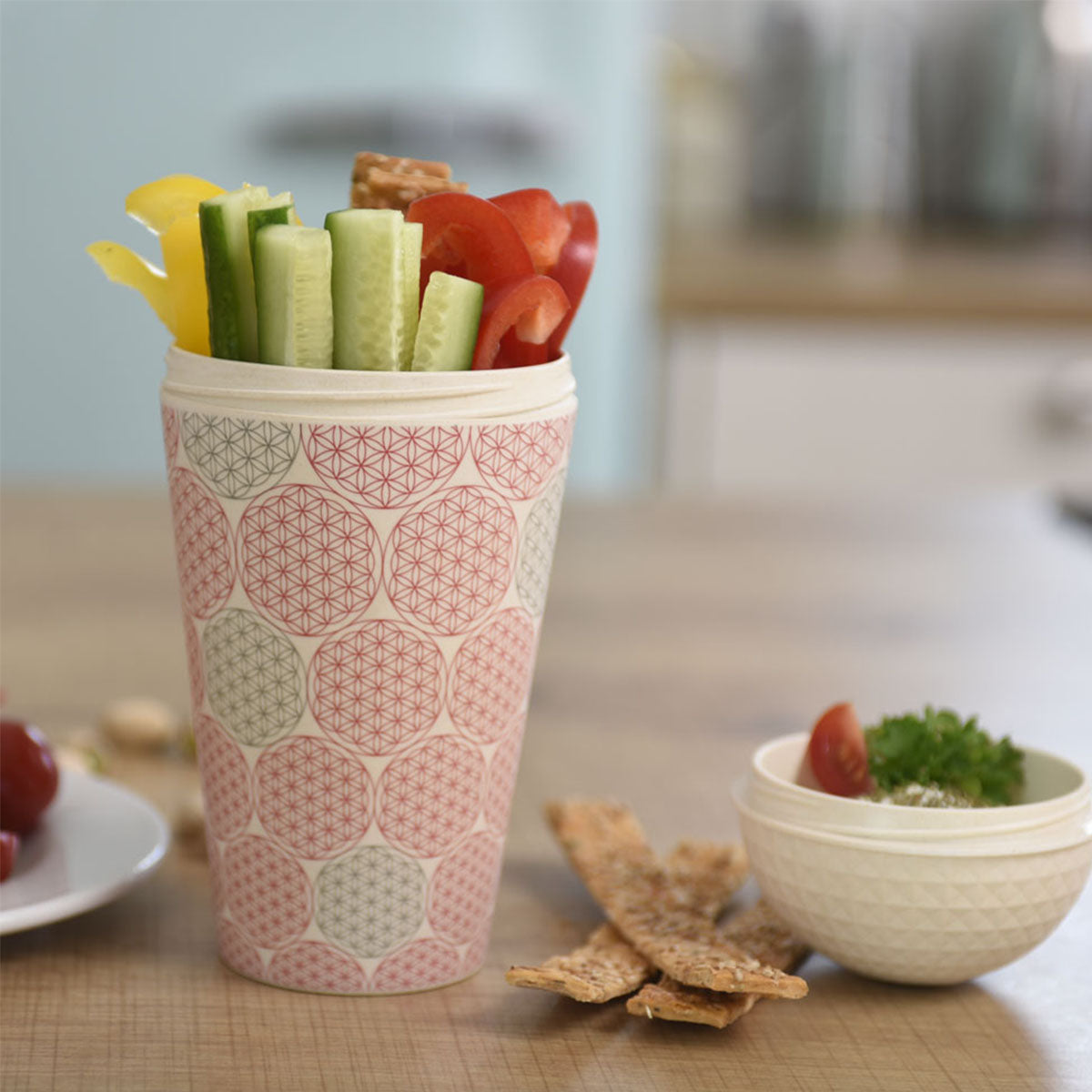 ebos Müsli-to-Go-Becher aus Bambus Blume des Lebens, 500 ml