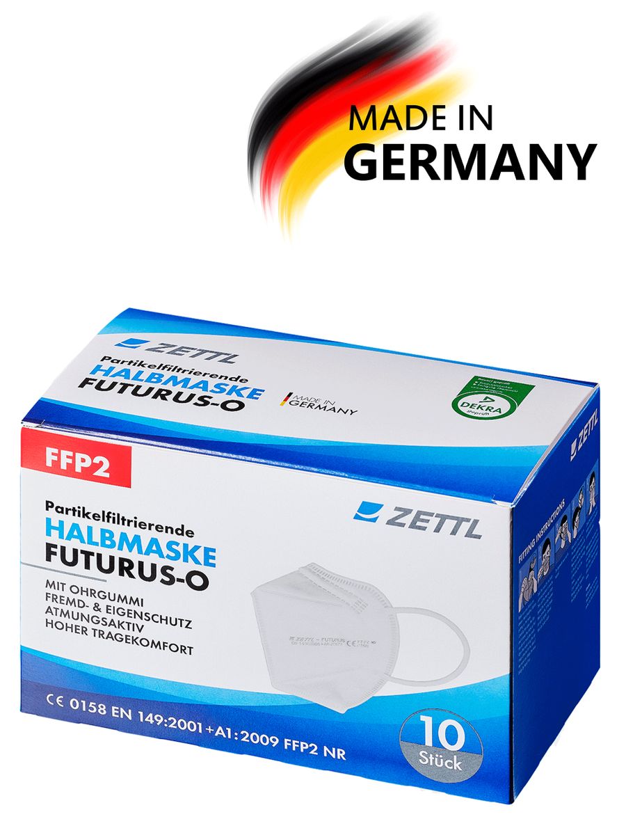 ZETTL FUTURUS-O FFP2 Maske Zertifiziert nach EN 149:2001+A1:2009 Durch DEKRA  CE 0158 Ohrband