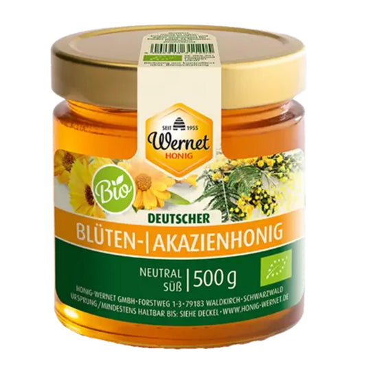 Honig Wernet Bio deutscher Blüten- und Akazienhonig 500 g im Glas, neutral und süß, goldfarbener Honig mit Bio-Siegel, Frontansicht des Etiketts