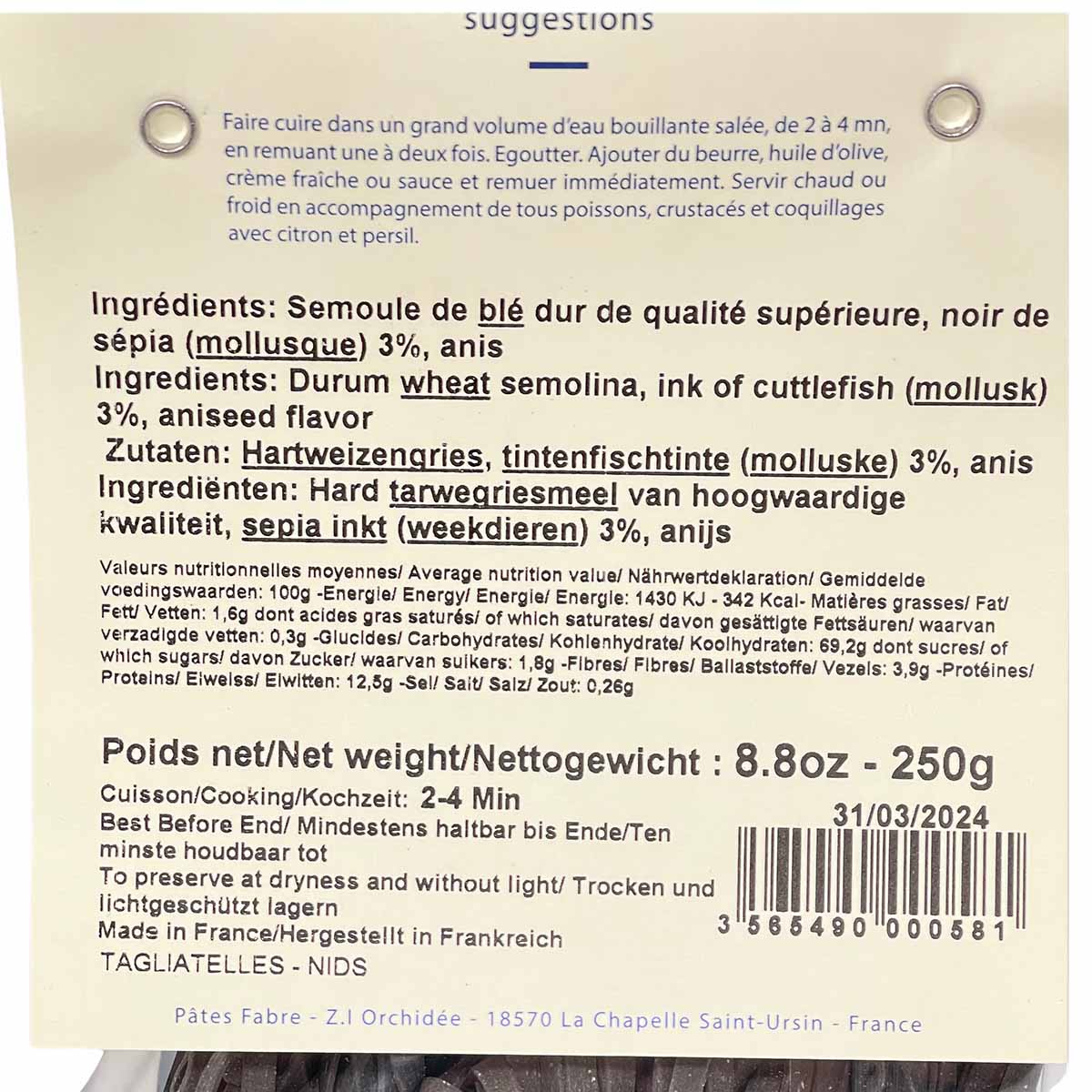 Pâtes Fabre Gourmet Tagliatelle mit Sepia Pâtes au Noir de Sepia 250g aus Frankreich