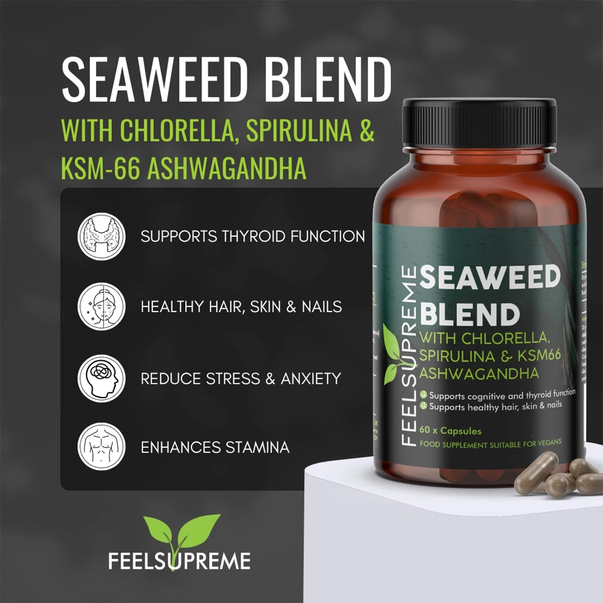 Feel Supreme Seetang-Mischung: 100 Kapseln mit Chlorella, Spirulina & Ashwagandha