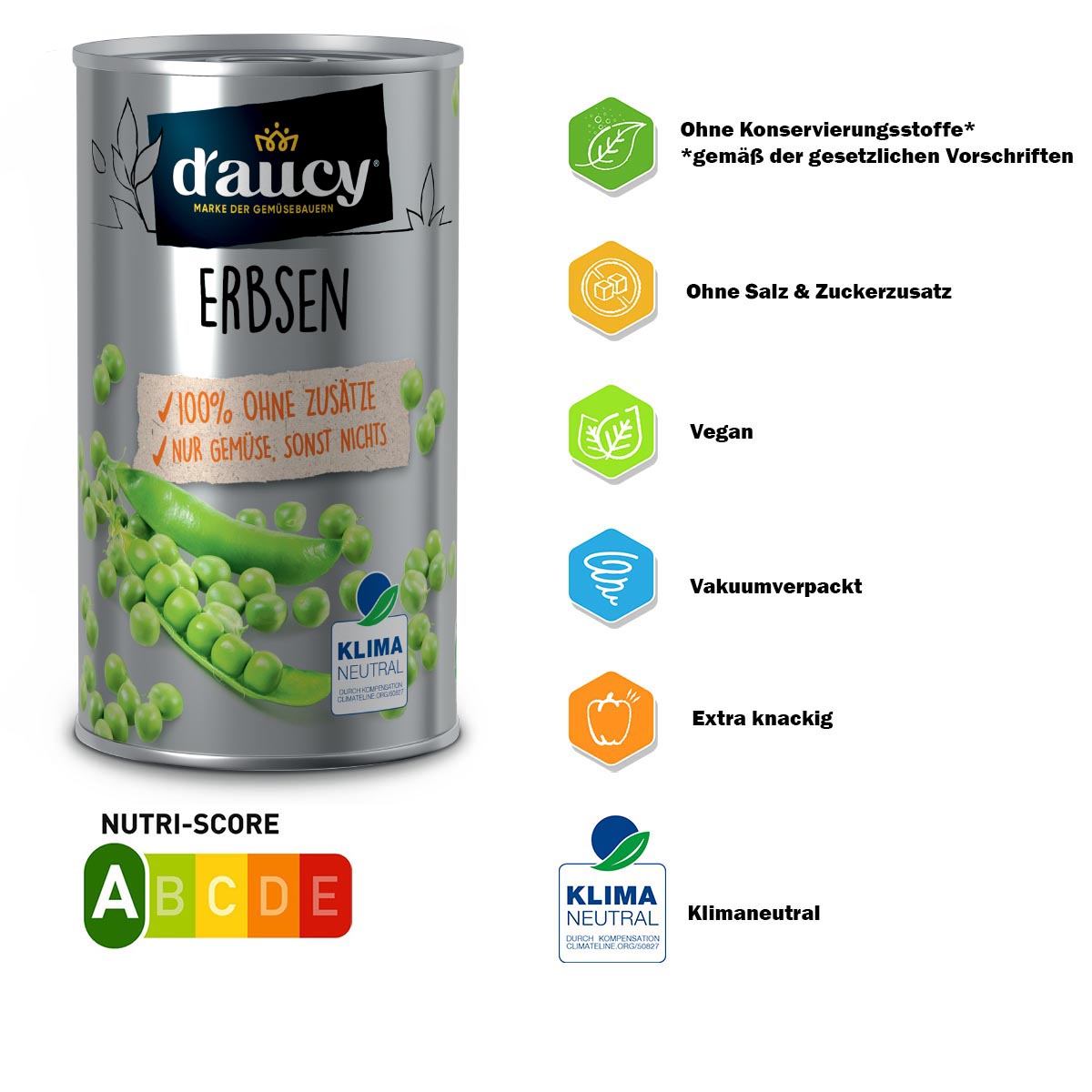 d'aucy Erbsen: Natürliche Frische ohne Salz und Zuckerzusatz