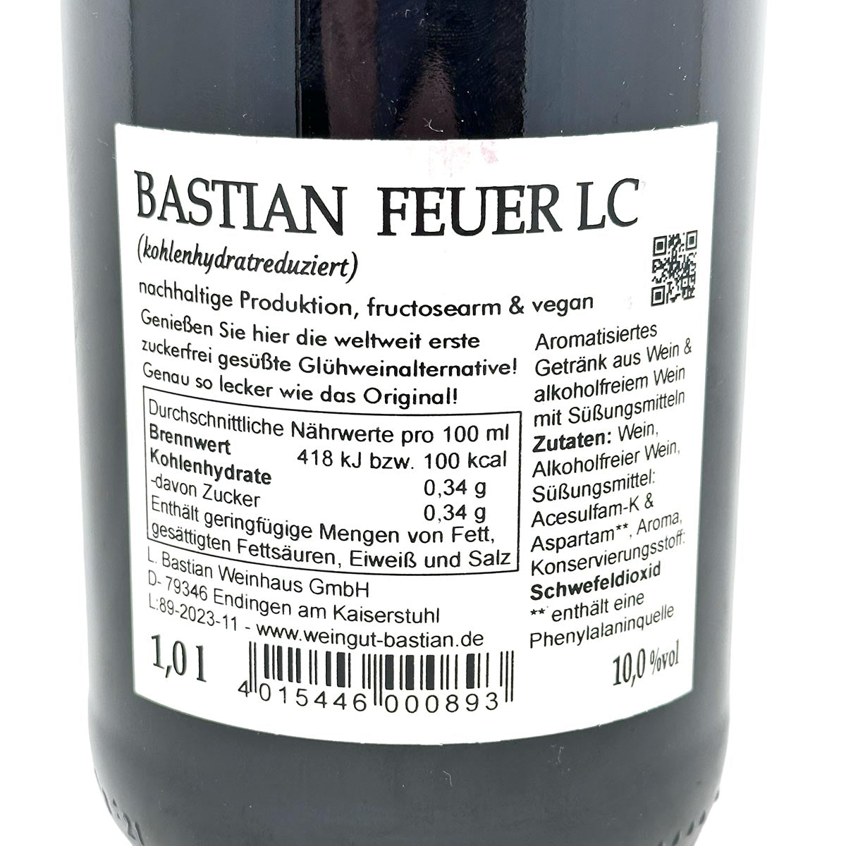 Weingut L. Bastian "Bastian Feuer LC" Roter zuckerfreier Glühwein LC 1 Liter - Alkoholgehalt: 10,0 % vol