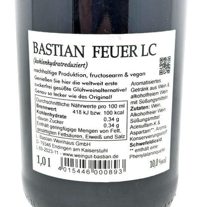 Weingut L. Bastian "Bastian Feuer LC" Roter zuckerfreier Glühwein LC 1 Liter - Alkoholgehalt: 10,0 % vol