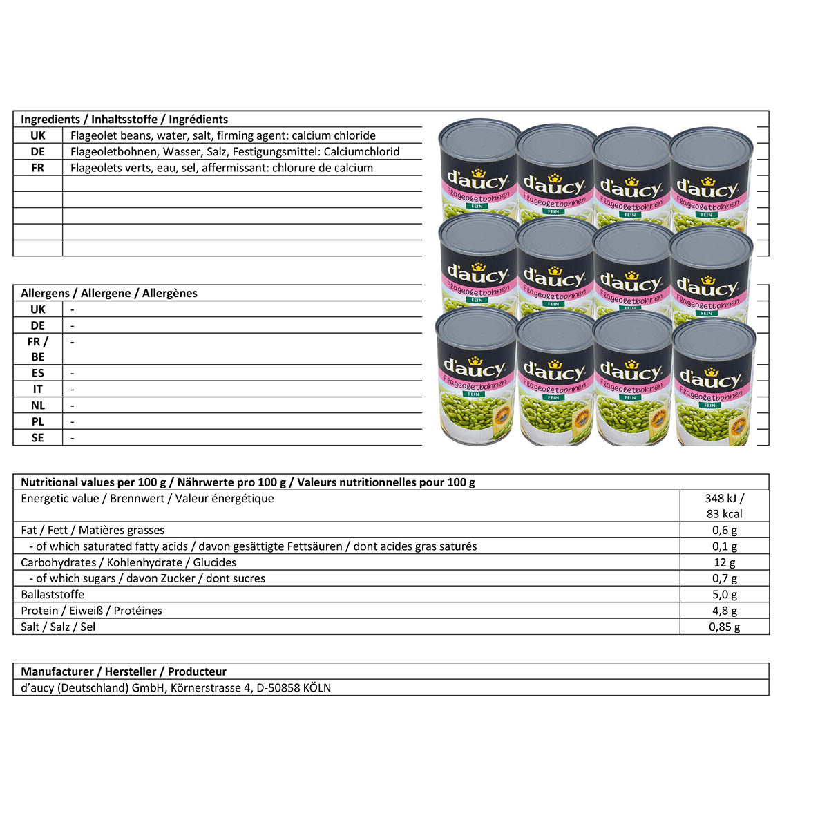 d'aucy Flageolets Grüne Bohnenkerne Fein 12 x 400 Gramm Dose