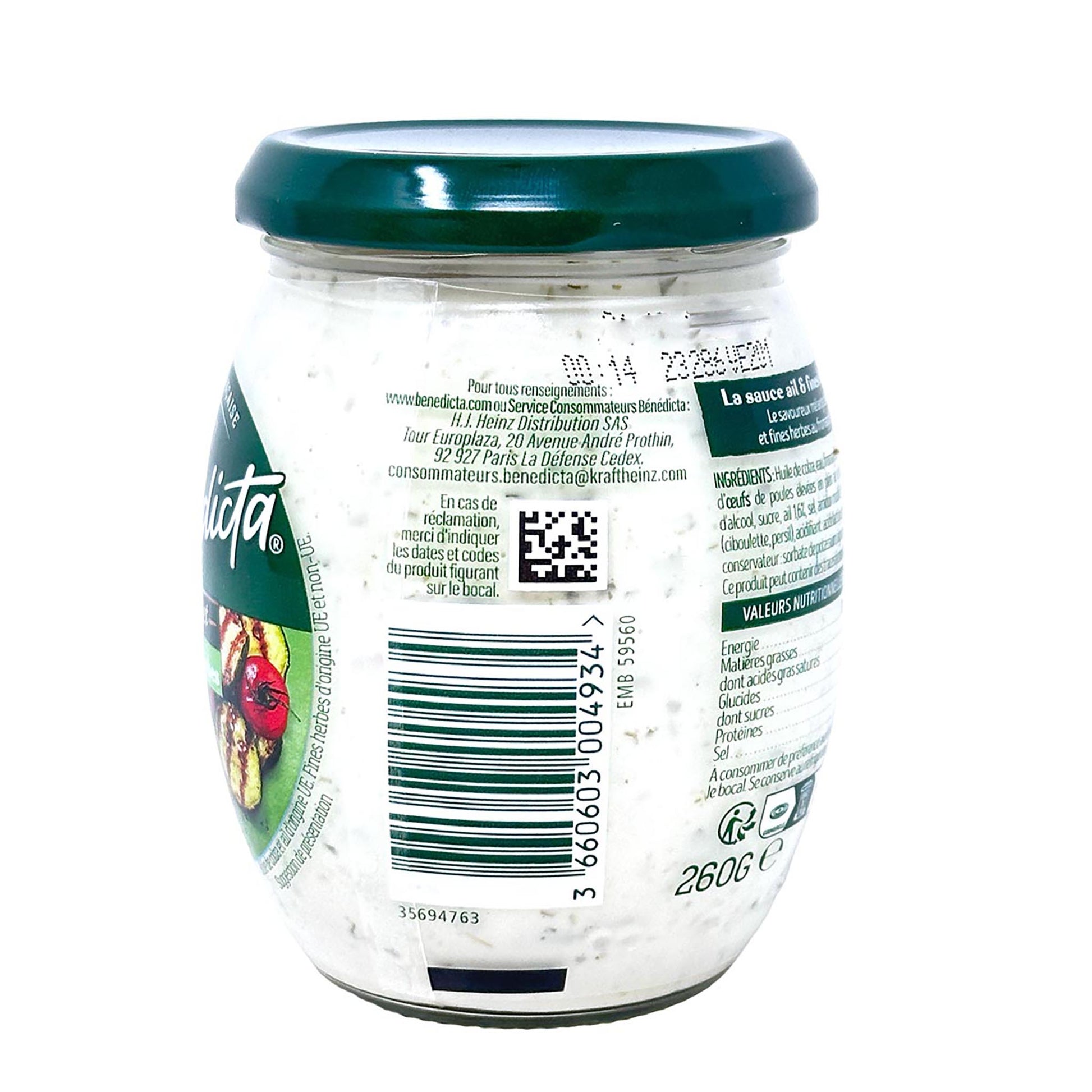 Bénédicta Gourmet Ail & fines herbes Sauce Rückseite 260 g Glas Knoblauch-Kräuter-Sauce mit Nährwertangaben Barcode und Zutatenliste