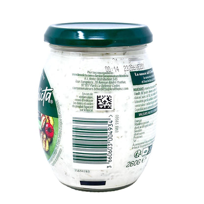 Bénédicta Gourmet Ail & fines herbes Sauce Rückseite 260 g Glas Knoblauch-Kräuter-Sauce mit Nährwertangaben Barcode und Zutatenliste