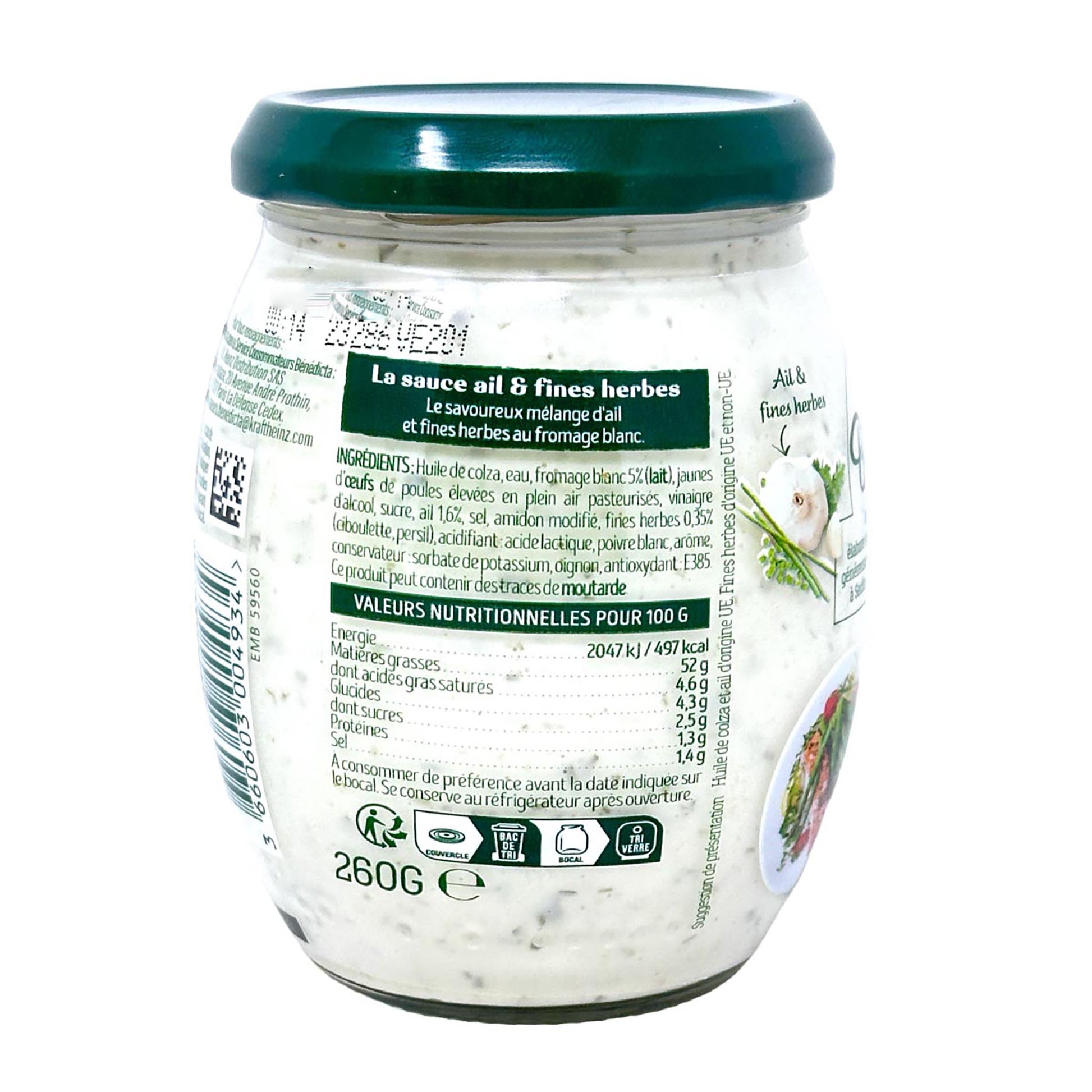 Bénédicta Gourmet Ail & fines herbes Sauce Rückseite 260 g Glas Knoblauch-Kräuter-Sauce mit Zutatenliste Nährwerttabelle und Herstellerangaben