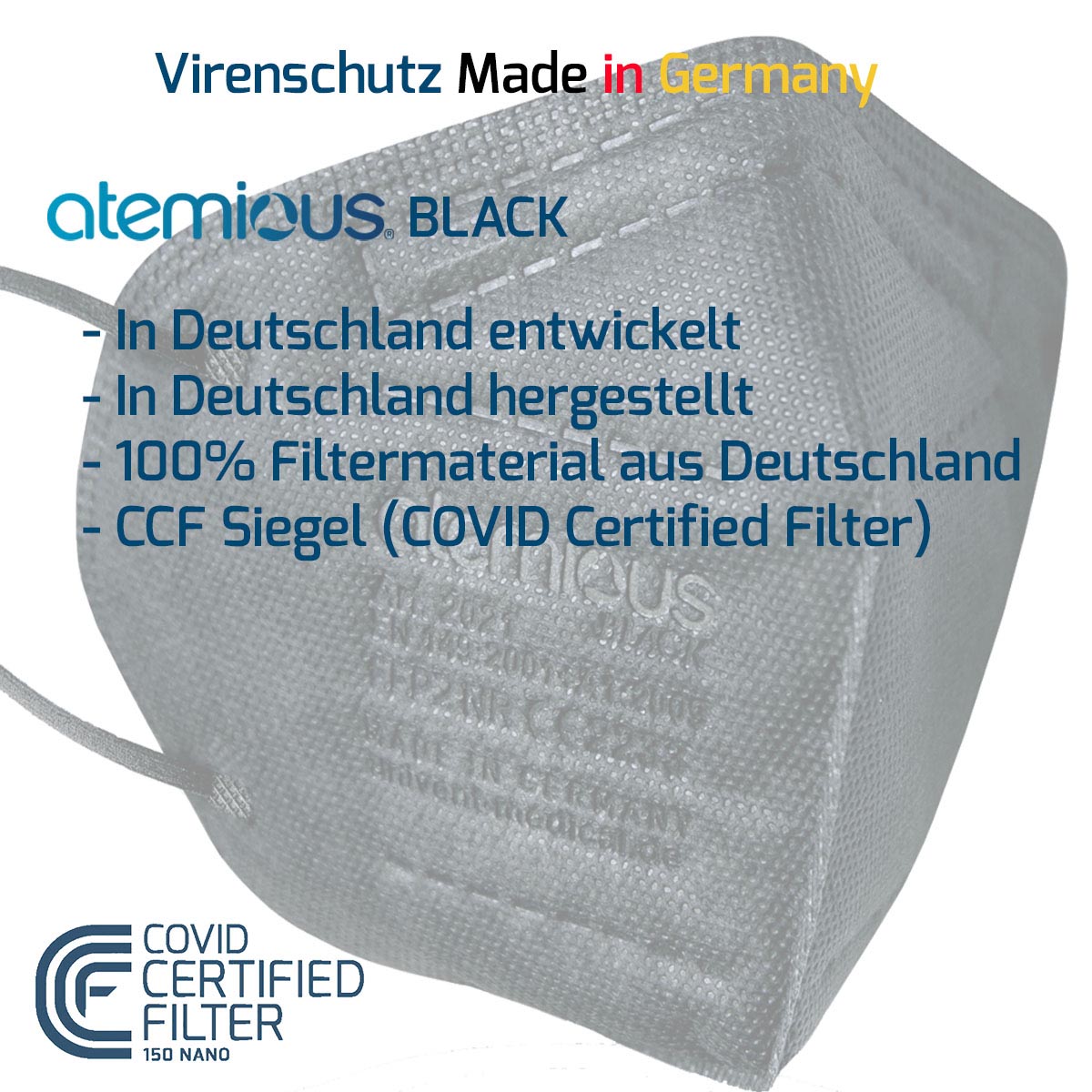atemious PRO 2 BLACK FFP2 Maske – Schwarz, einzeln oder lose verpackt, Made in Germany