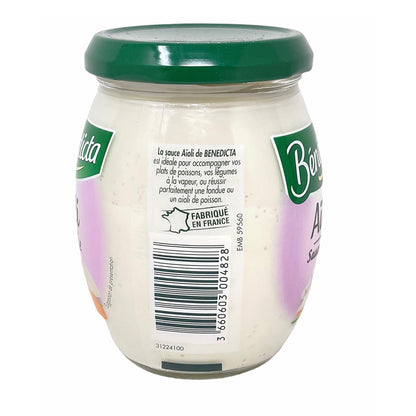 Rückseite der Bénédicta Aioli Sauce à l’Ail im Glas, französische Knoblauchmayonnaise mit Zutatenhinweis, Barcode und Hinweis „Hergestellt in Frankreich“