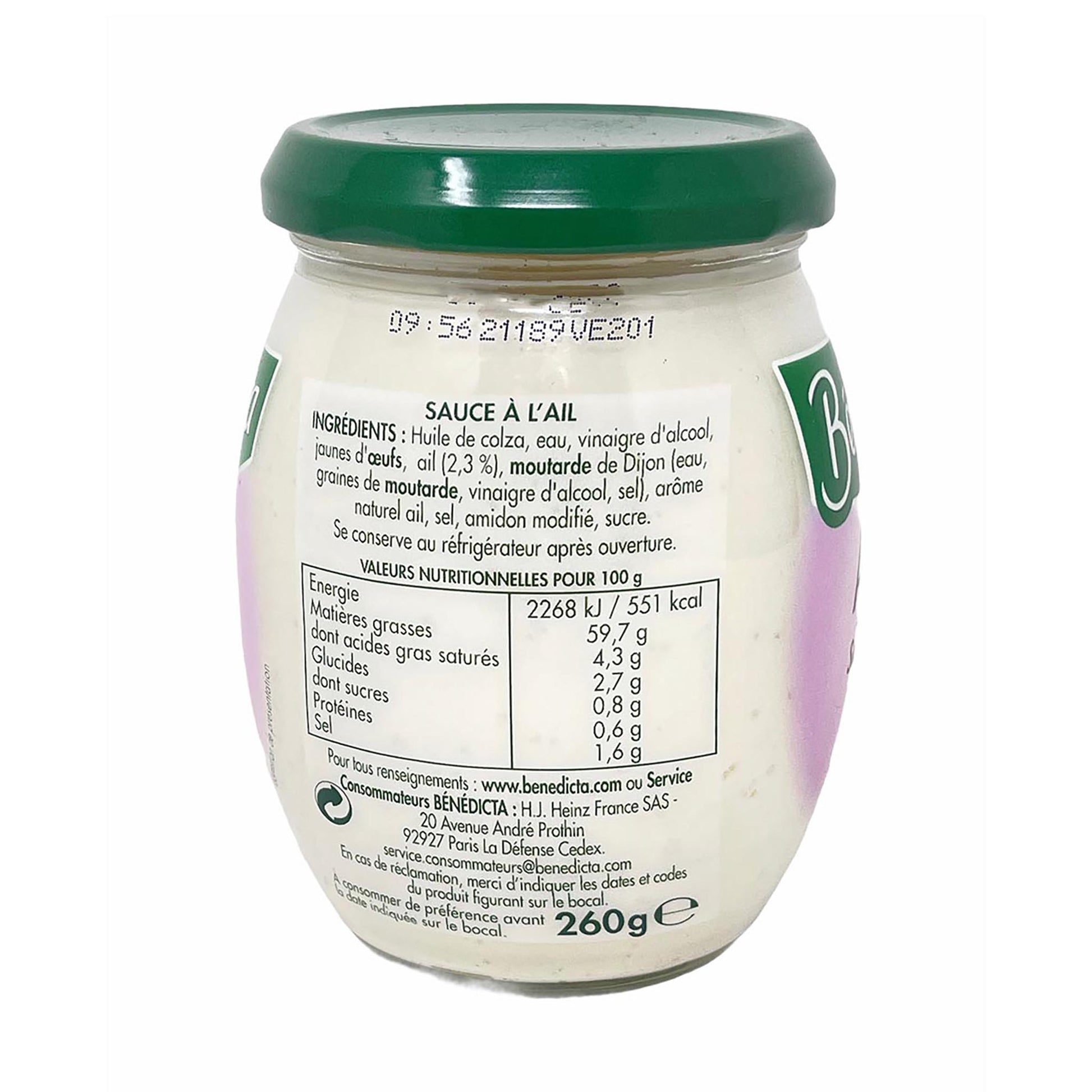 Rückseite der Bénédicta Aioli Sauce à l’Ail im 260 g Glas mit Zutatenliste, Nährwerttabelle und Herstellerangaben, französische Knoblauchmayonnaise