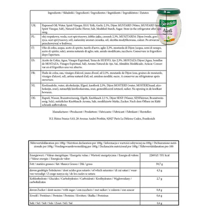 Bénédicta Aioli Sauce à l’Ail Knoblauchmayonnaise 260 g, Zutatenliste und Nährwerttabelle pro 100 g auf dem Produktdatenblatt abgebildet
