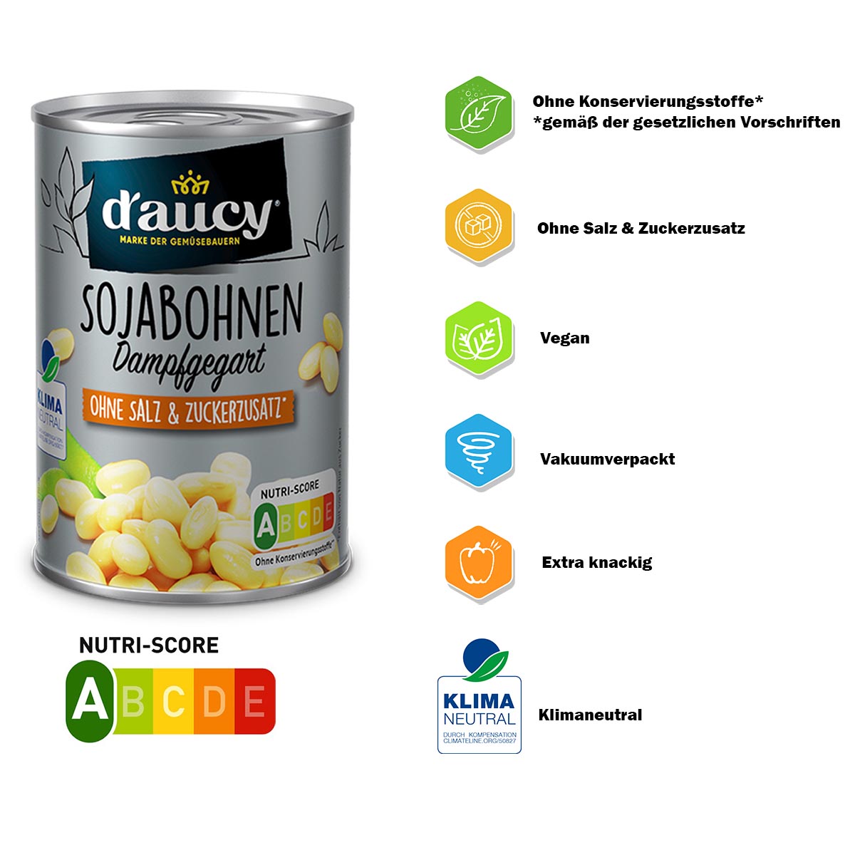 D'aucy Sojabohnen - Salz- & Zuckerfrei, Ohne Konservierungsstoffe, 110g Dose