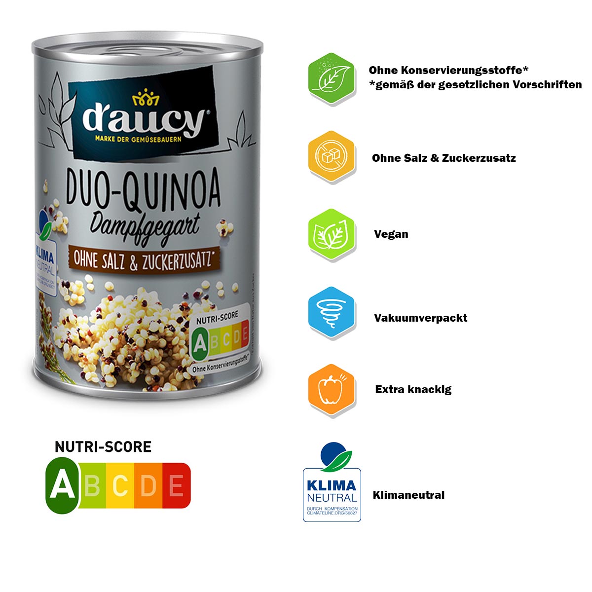d'aucy Duo-Quinoa, 110g Dose – Salz- & Zuckerfrei, Ohne Konservierungsstoffe