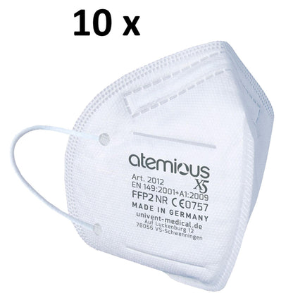 Frontalansicht der atemious X2 FFP2-Atemschutzmaske in Weiß mit elastischen Ohrschlaufen – zeigt die flach gefaltete Form und das weiche Komfort-Vlies der in Deutschland hergestellten Schutzmaske.