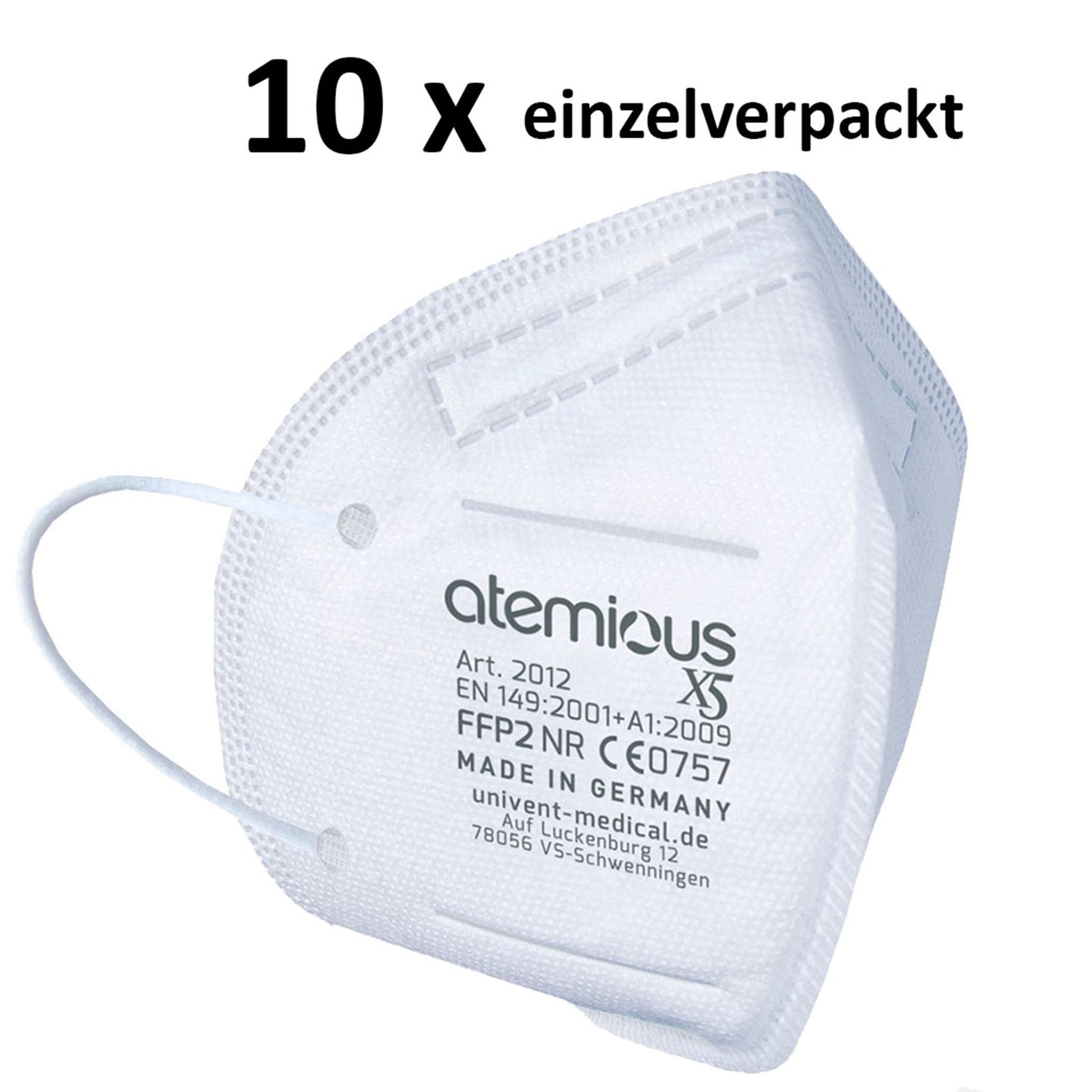 Frontale Ansicht der atemious X2 FFP2-Atemschutzmaske an einer Person – Darstellung der ergonomischen Passform, der stabilen Nasenbügel-Abdichtung und der weißen Komfort-Vlies-Oberfläche.